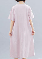 Women v neck linen clothes Neckline pink embroidery Dress summer