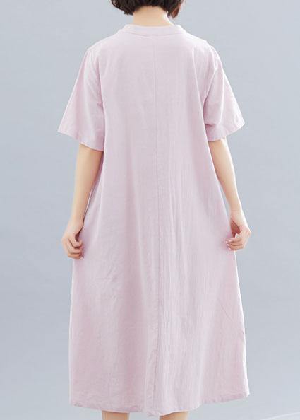 Women v neck linen clothes Neckline pink embroidery Dress summer
