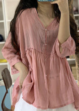 Load image into Gallery viewer, Women v neck linen shirts women pattern pink blouse fall