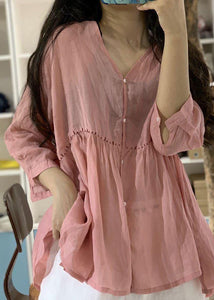 Women v neck linen shirts women pattern pink blouse fall