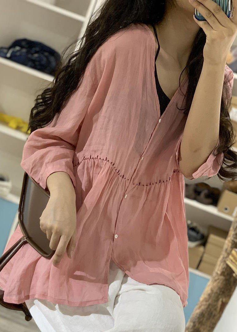 Women v neck linen shirts women pattern pink blouse fall