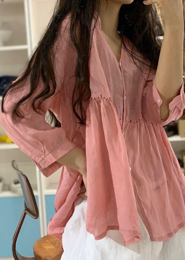 Women v neck linen shirts women pattern pink blouse fall