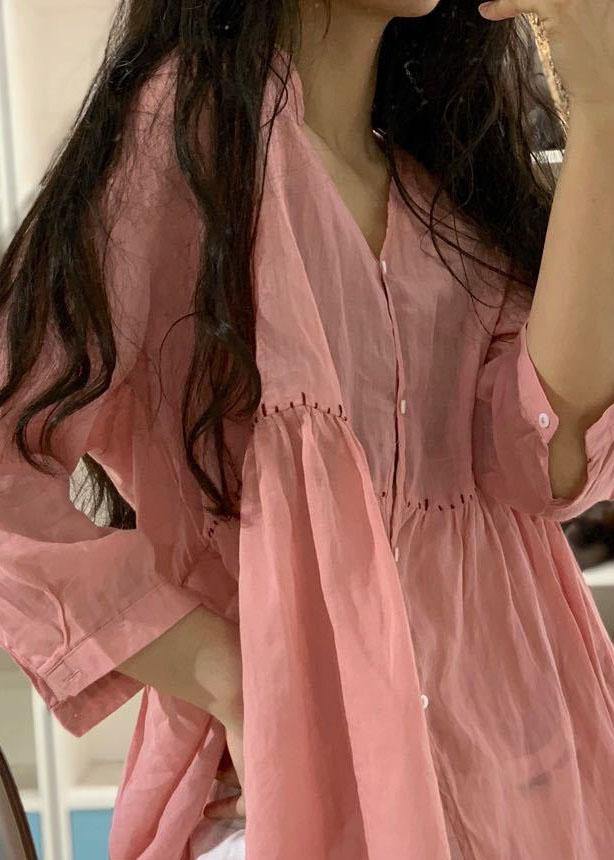 Women v neck linen shirts women pattern pink blouse fall