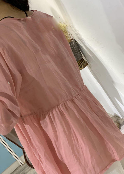 Women v neck linen shirts women pattern pink blouse fall