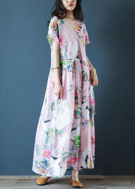 Women v neck Cinched linen Robes Fashion Ideas pink print Dress