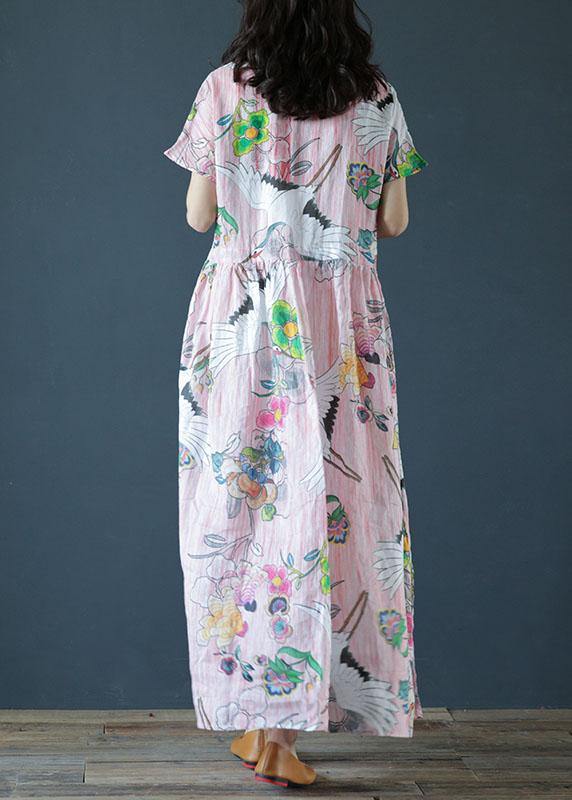 Women v neck Cinched linen Robes Fashion Ideas pink print Dress