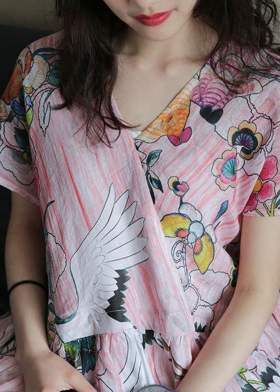 Women v neck Cinched linen Robes Fashion Ideas pink print Dress