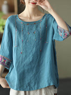 Plus Size - Women Linen Vintage Embroidered T-shirt