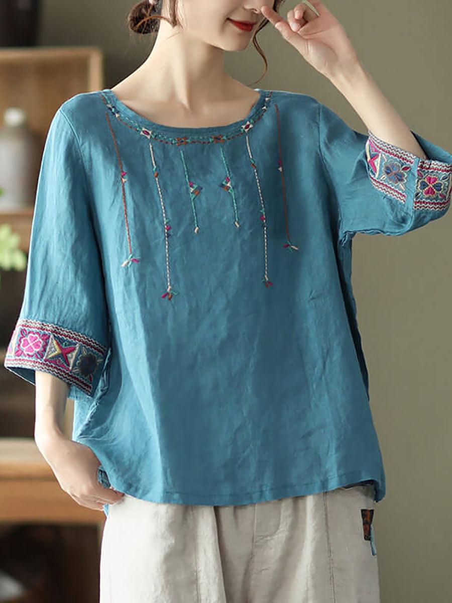 Plus Size - Women Linen Vintage Embroidered T-shirt