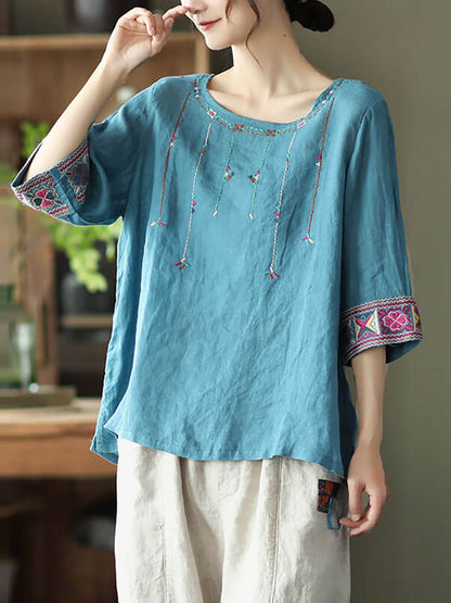 Plus Size - Women Linen Vintage Embroidered T-shirt