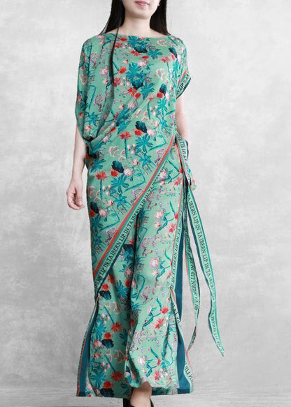 Women's 2021 summer national style green print suit irregular two-piece