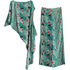 Women's 2021 summer national style green print suit irregular two-piece