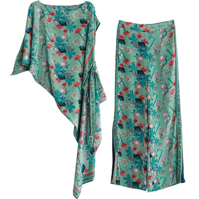 Women's 2021 summer national style green print suit irregular two-piece