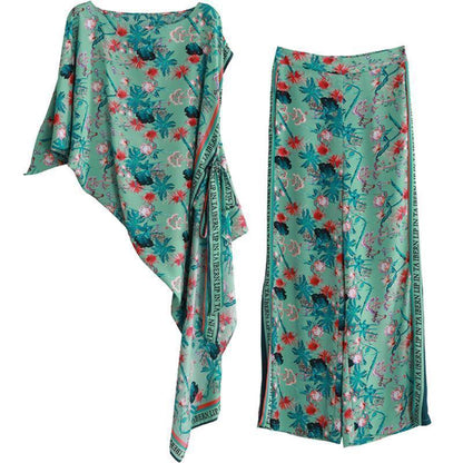 Women's 2021 summer national style green print suit irregular two-piece