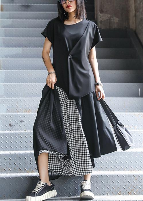 Women's summer mid-length a-line skirt high waist fashion black stitching chiffon plaid skirt