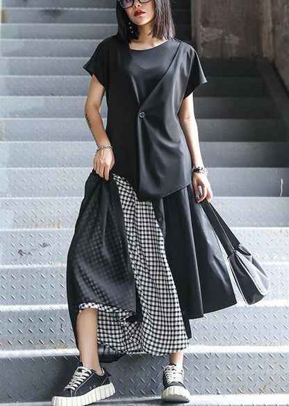 Women's summer mid-length a-line skirt high waist fashion black stitching chiffon plaid skirt