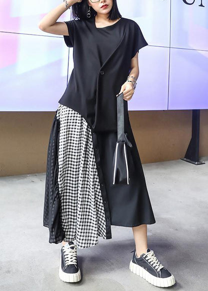 Women's summer mid-length a-line skirt high waist fashion black stitching chiffon plaid skirt