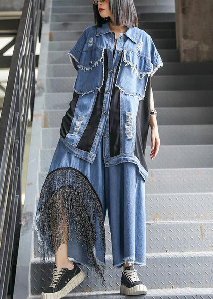 Sold Out- trendy large size thin western denim blue Vest wide leg pants two-piece suit