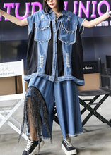 Load image into Gallery viewer, Sold Out- trendy large size thin western denim blue Vest wide leg pants two-piece suit