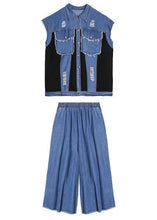 Load image into Gallery viewer, Sold Out- trendy large size thin western denim blue Vest wide leg pants two-piece suit