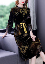 Load image into Gallery viewer, Yellow Jacquard Silk Velour Holiday Dress Tie Waist Bracelet Sleeve