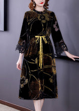Load image into Gallery viewer, Yellow Jacquard Silk Velour Holiday Dress Tie Waist Bracelet Sleeve