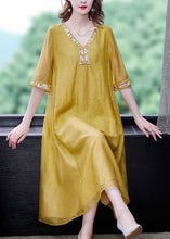 Load image into Gallery viewer, Yellow Linen A Line Dress Embroideried Exra Large Hem Summer