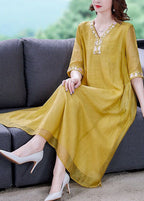 Yellow Linen A Line Dress Embroideried Exra Large Hem Summer