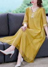 Load image into Gallery viewer, Yellow Linen A Line Dress Embroideried Exra Large Hem Summer