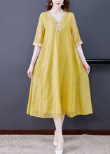 Load image into Gallery viewer, Yellow Linen A Line Dress Embroideried Exra Large Hem Summer