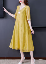 Load image into Gallery viewer, Yellow Linen A Line Dress Embroideried Exra Large Hem Summer