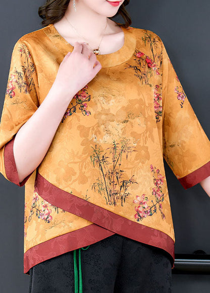 Yellow Patchwork Print Silk Blouse Top O Neck Bracelet Sleeve