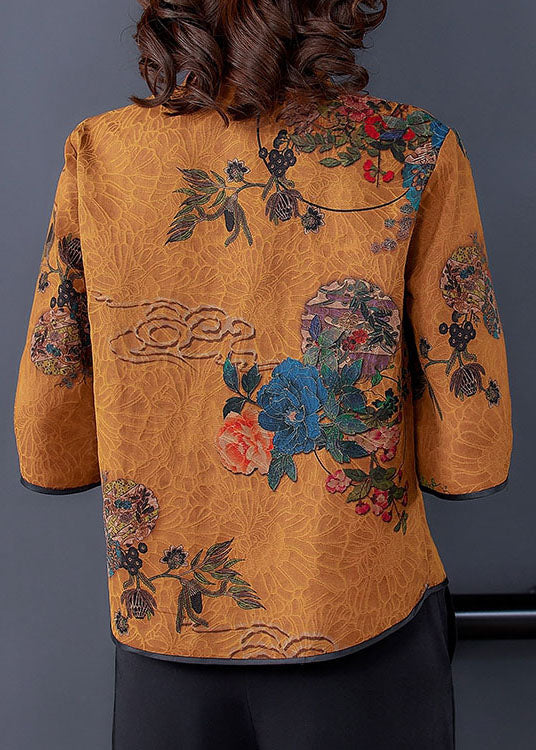 Yellow Patchwork Print Silk Shirt Top Chinese Button Spring