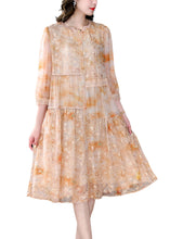 Load image into Gallery viewer, Yellow Patchwork Silk Dress Embroideried Wrinkled Summer