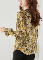 Yellow Print Chiffon Blouse Tops V Neck Floral Lantern Sleeve