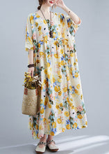 Load image into Gallery viewer, Yellow Print Cotton Holiday Dress Oversized Wrinkled Half Sleeve