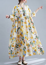 Load image into Gallery viewer, Yellow Print Cotton Holiday Dress Oversized Wrinkled Half Sleeve