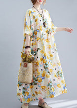Load image into Gallery viewer, Yellow Print Cotton Holiday Dress Oversized Wrinkled Half Sleeve