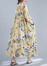 Load image into Gallery viewer, Yellow Print Cotton Holiday Dress Oversized Wrinkled Half Sleeve