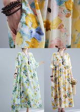 Load image into Gallery viewer, Yellow Print Cotton Holiday Dress Oversized Wrinkled Half Sleeve