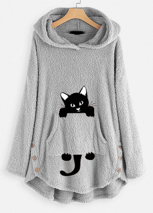 Yellow Print Low High Design Patchwork Teddy Faux Fur Sweatshirts Hooded Fall