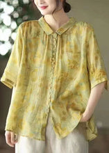 Load image into Gallery viewer, Yellow Print Patchwork Linen Top Peter Pan Collar Button Summer