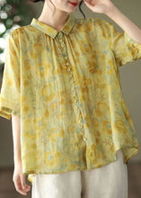 Load image into Gallery viewer, Yellow Print Patchwork Linen Top Peter Pan Collar Button Summer