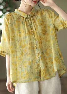 Yellow Print Patchwork Linen Top Peter Pan Collar Button Summer