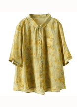 Load image into Gallery viewer, Yellow Print Patchwork Linen Top Peter Pan Collar Button Summer