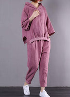 autumn dark pink hooded vintage tops and women casual trousers two pieces