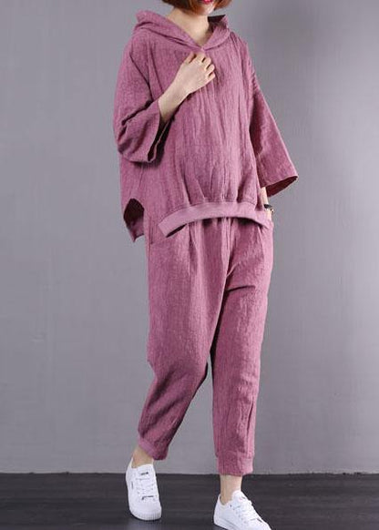 autumn dark pink hooded vintage tops and women casual trousers two pieces