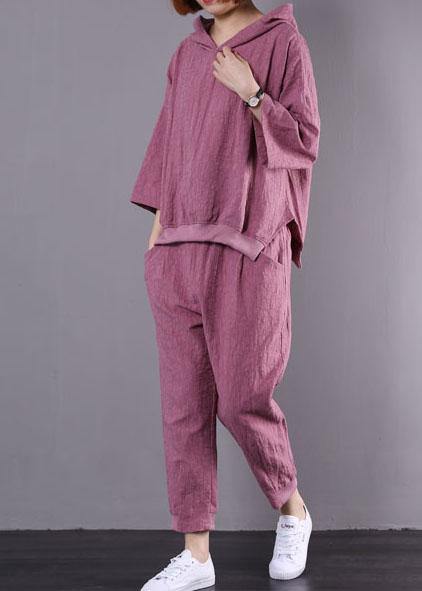autumn dark pink hooded vintage tops and women casual trousers two pieces