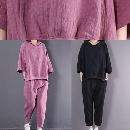 autumn dark pink hooded vintage tops and women casual trousers two pieces