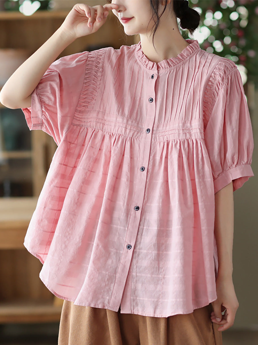 Pleated Casual Short Sleeve Cotton Women Shirt